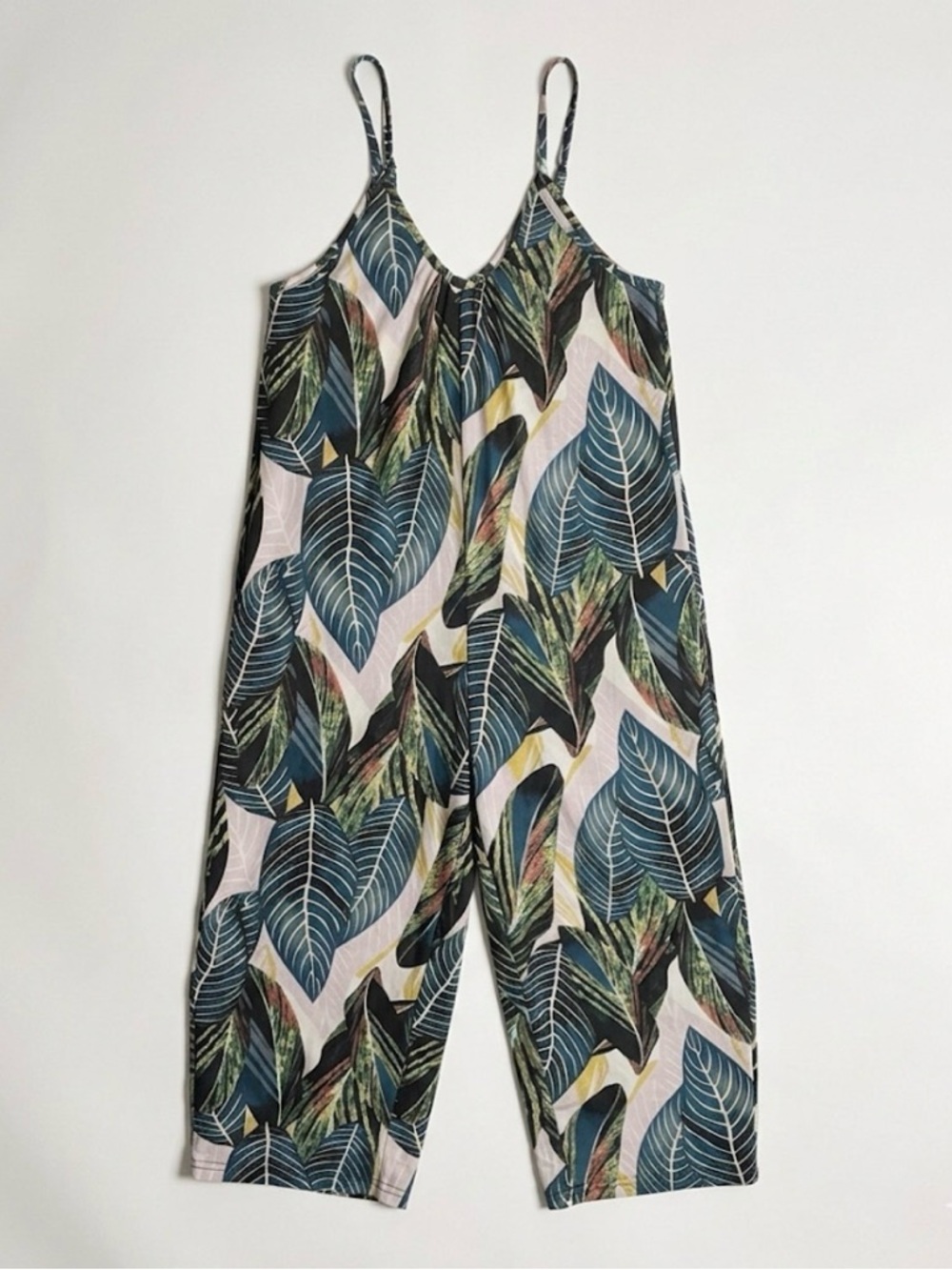 FANTASLOOK Leaf Print Cropped Jumpsuit, Women’s S, Teal Green